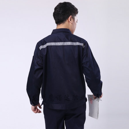 藏青拼米色涤棉线卡超市工作服AC090-CS